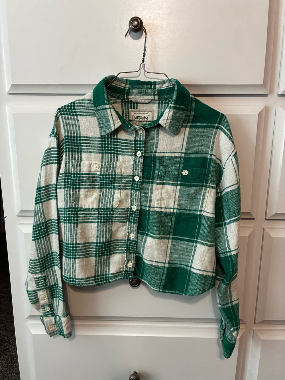 American Eagle Outfitters Green and Cream Plaid Button-Up Jacket